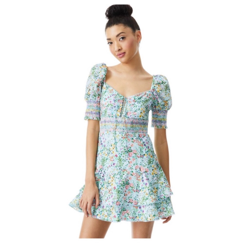 Alice + Olivia Crawford Blue Floral Puff Sleeve Dress